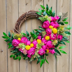 Hot Pink Peony Wreath for Summer, Lemon Wreath, Tropical Wreath