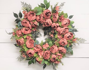 Spring Wreath for Front Door, Pink Peony & Eucalyptus Wreath, Modern Farmhouse Decor