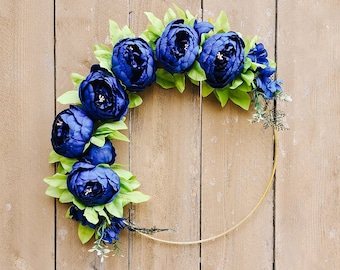 Blue Wreath, Blue Peony Wreath, Blue Decor, Blue Spring Wreath, Front Door Wreath, Hoop Wreath, Peony Hoop Wreath
