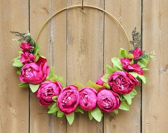 Hot Pink Peony Wreath for Spring, Hoop Wreath, Pink Wreath for Front Door