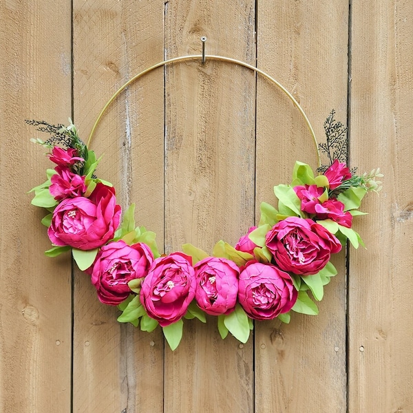 Hot Pink Peony Wreath for Spring, Hoop Wreath, Pink Wreath for Front Door