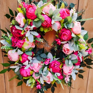 Summer Peony Wreath, Pink Wreath for Front Door, Lambs Ear Wreath image 9