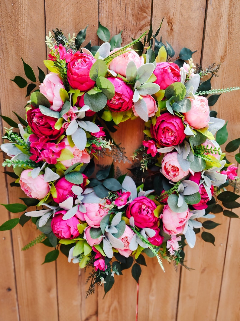 Summer Peony Wreath, Pink Wreath for Front Door, Lambs Ear Wreath image 9