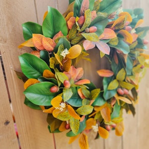 Fall Magnolia Wreath, Fall Farmhouse Wreath, Autumn Wreath, Fall Front Porch Wreath image 3