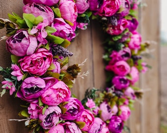Pink Peony Wreath, Purple Spring Wreath, Pink Wreath, Peony Wreath for Front Door, Spring Summer Wreath