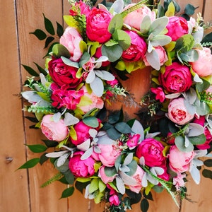Summer Peony Wreath, Pink Wreath for Front Door, Lambs Ear Wreath image 7