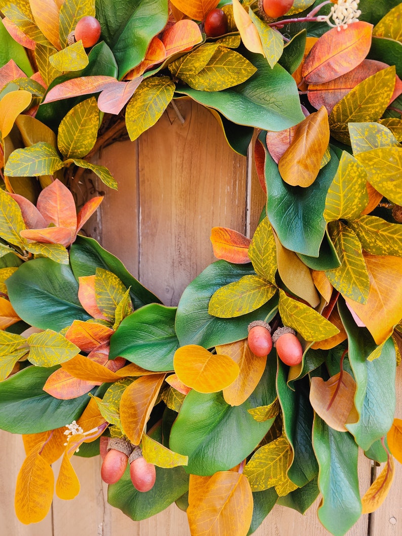 Fall Magnolia Wreath, Fall Farmhouse Wreath, Autumn Wreath, Fall Front Porch Wreath image 8