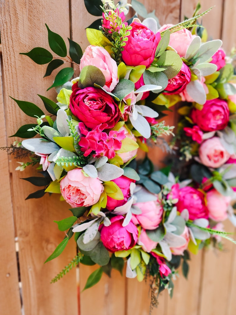 Summer Peony Wreath, Pink Wreath for Front Door, Lambs Ear Wreath image 6