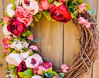 Spring Summer Wreath for Front Door, Peony Wreath for Front Door