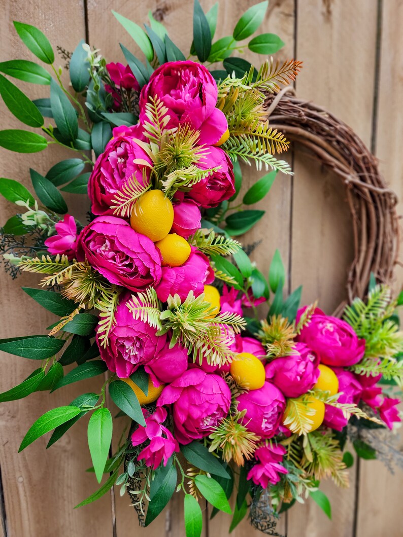 Hot Pink Peony Wreath for Summer, Lemon Wreath, Tropical Wreath image 8