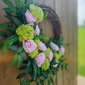 Garden Style Home Decor – Elegant Spring or Summer Wreath - Floral Grapevine Wreath with Roses and Hydrangeas Year-Round Front Door Wreath