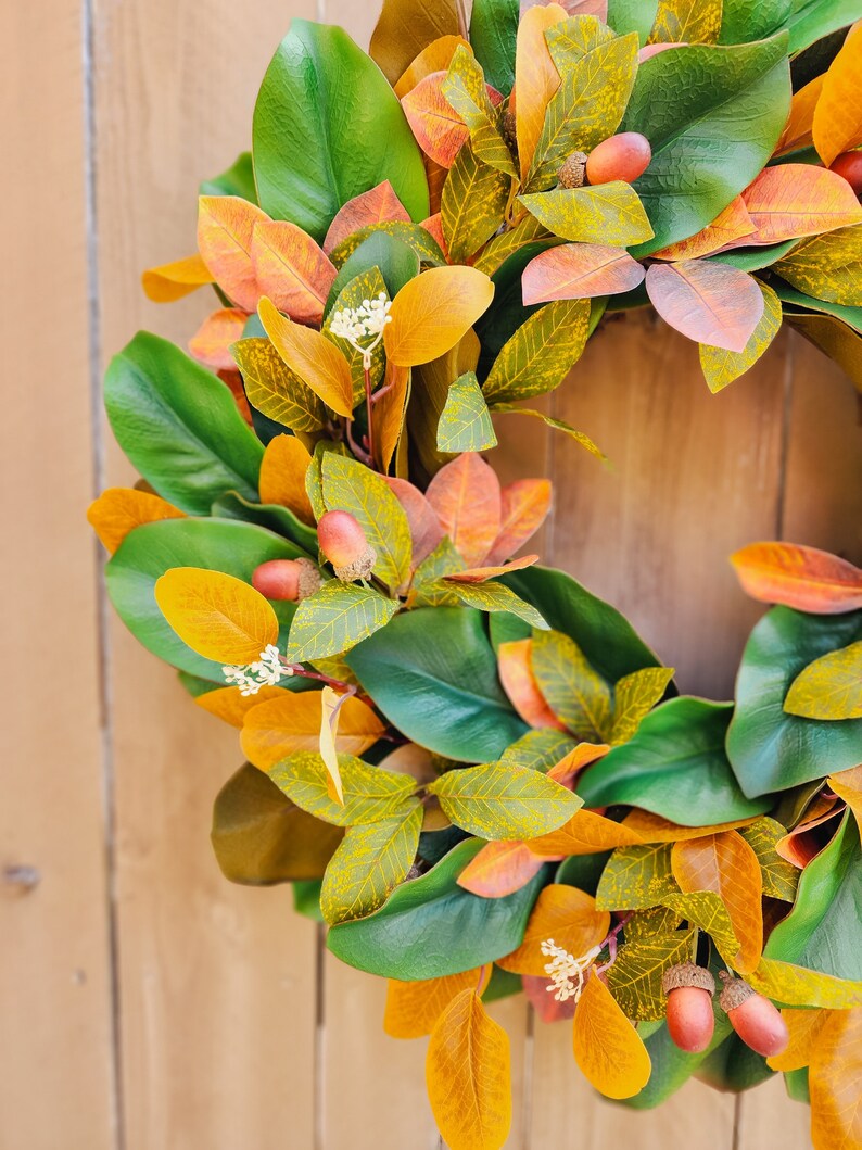 Fall Magnolia Wreath, Fall Farmhouse Wreath, Autumn Wreath, Fall Front Porch Wreath image 6