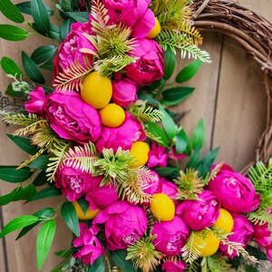 Hot Pink Peony Wreath for Summer, Lemon Wreath, Tropical Wreath image 5