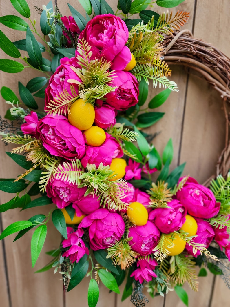 Hot Pink Peony Wreath for Summer, Lemon Wreath, Tropical Wreath image 5