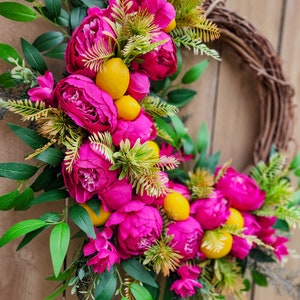 Hot Pink Peony Wreath for Summer, Lemon Wreath, Tropical Wreath image 6