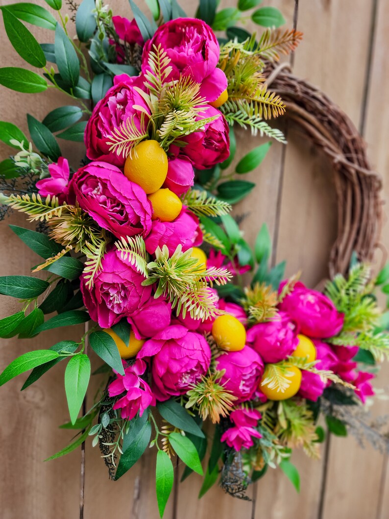 Hot Pink Peony Wreath for Summer, Lemon Wreath, Tropical Wreath image 6