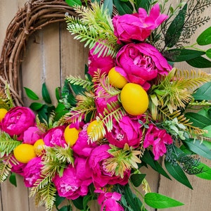 Hot Pink Peony Wreath for Summer, Lemon Wreath, Tropical Wreath image 3