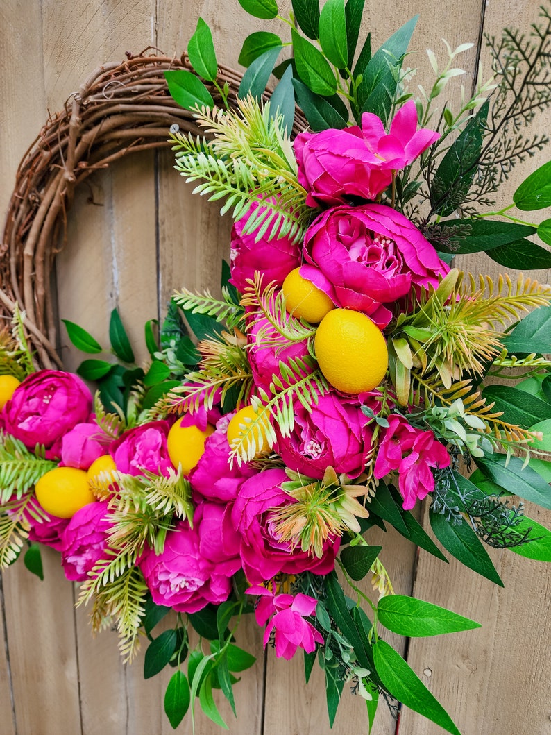 Hot Pink Peony Wreath for Summer, Lemon Wreath, Tropical Wreath image 3