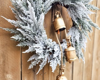 Winter Wreath, Flocked Wreath, Cedar Wreath, Christmas Bell Wreath, Evergreen Decor