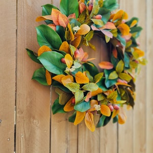 Fall Magnolia Wreath, Fall Farmhouse Wreath, Autumn Wreath, Fall Front Porch Wreath image 9