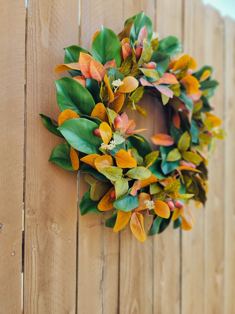 Fall Magnolia Wreath, Fall Farmhouse Wreath, Autumn Wreath, Fall Front Porch Wreath image 9