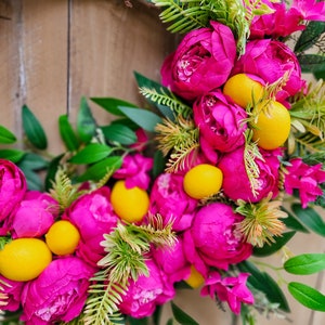 Hot Pink Peony Wreath for Summer, Lemon Wreath, Tropical Wreath image 10