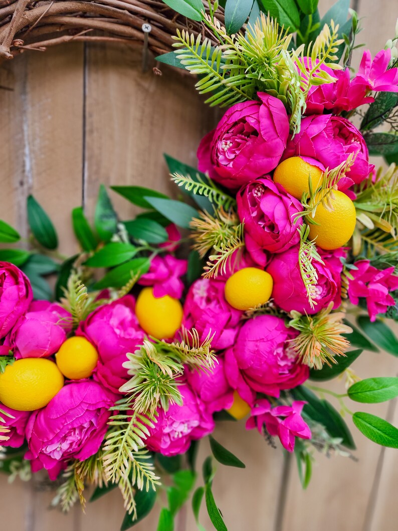 Hot Pink Peony Wreath for Summer, Lemon Wreath, Tropical Wreath image 10