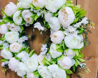 Spring Peony  Wreath, White Peony Wreath, White and Green Wreath,  Peony Wreath, Hydrangea Wreath, Wreath for Spring, All Season Wreath