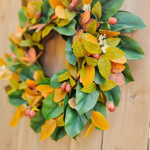 Fall Magnolia Wreath, Fall Farmhouse Wreath, Autumn Wreath, Fall Front Porch Wreath image 4