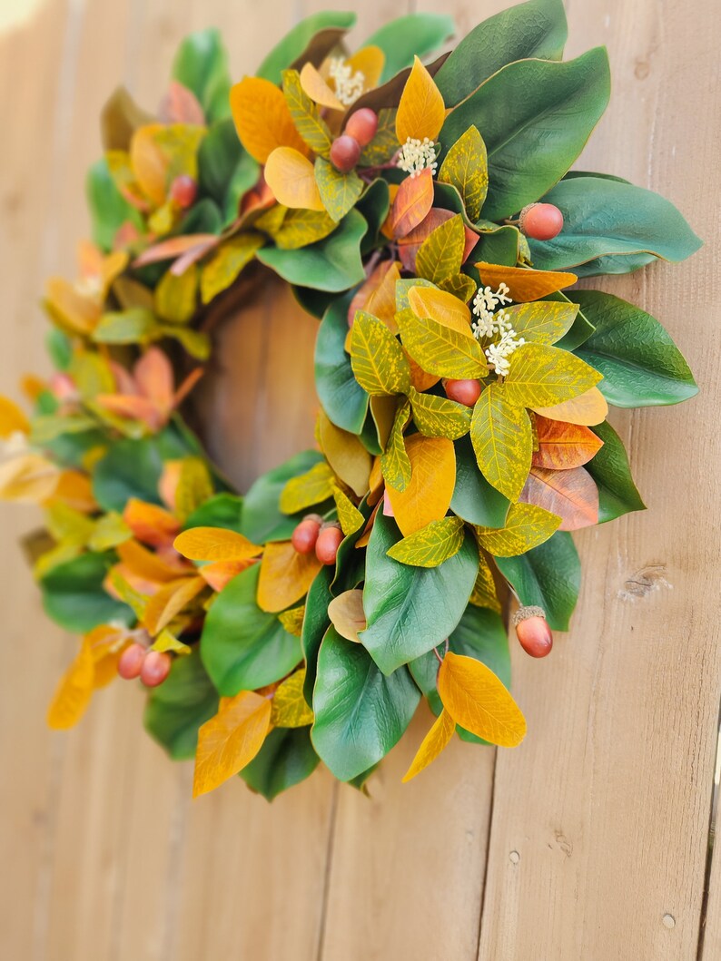 Fall Magnolia Wreath, Fall Farmhouse Wreath, Autumn Wreath, Fall Front Porch Wreath image 4