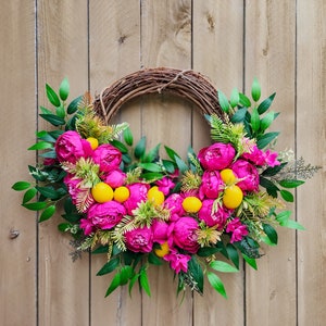 Hot Pink Peony Wreath for Summer, Lemon Wreath, Tropical Wreath image 7