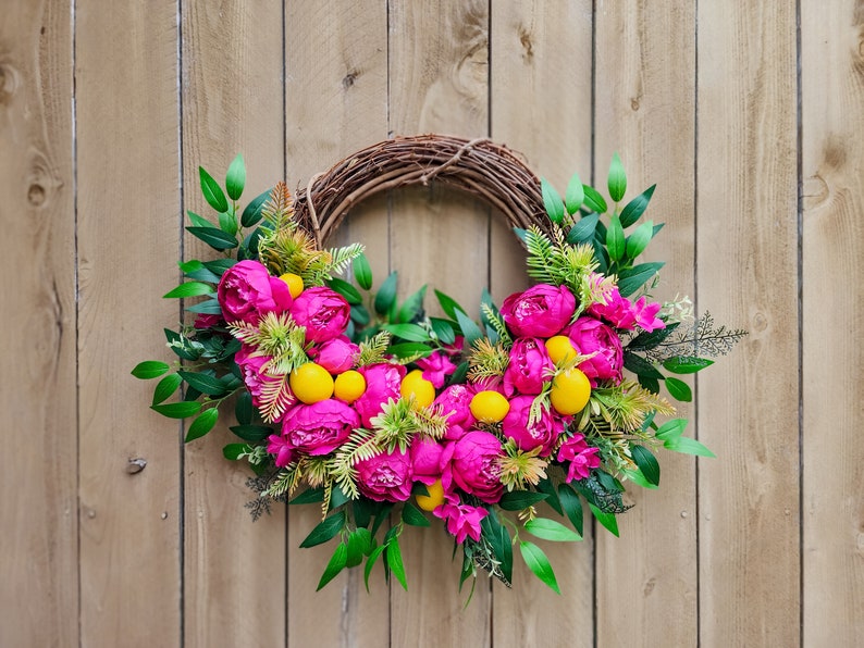 Hot Pink Peony Wreath for Summer, Lemon Wreath, Tropical Wreath image 7