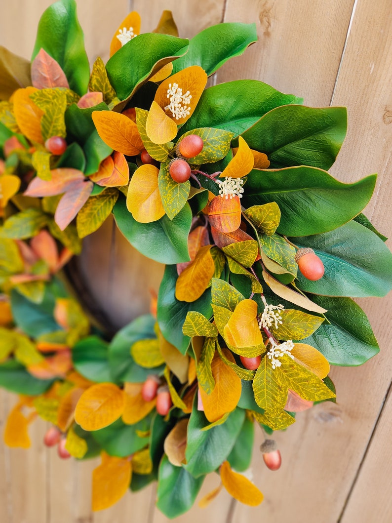 Fall Magnolia Wreath, Fall Farmhouse Wreath, Autumn Wreath, Fall Front Porch Wreath image 7