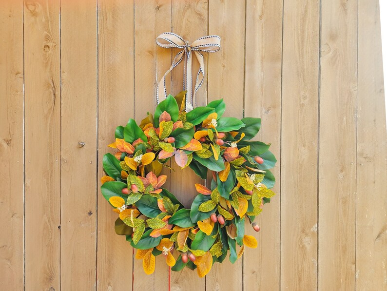 Fall Magnolia Wreath, Fall Farmhouse Wreath, Autumn Wreath, Fall Front Porch Wreath Add Bow