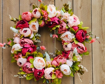 Summer Wreath for Front Door, Red and Pink Wreath, Farmhouse Decor