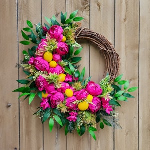 Hot Pink Peony Wreath for Summer, Lemon Wreath, Tropical Wreath image 2