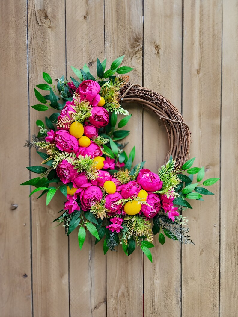 Hot Pink Peony Wreath for Summer, Lemon Wreath, Tropical Wreath image 2