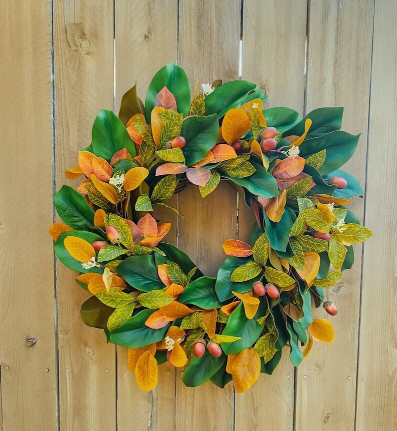 Fall Magnolia Wreath, Fall Farmhouse Wreath, Autumn Wreath, Fall Front Porch Wreath No Bow