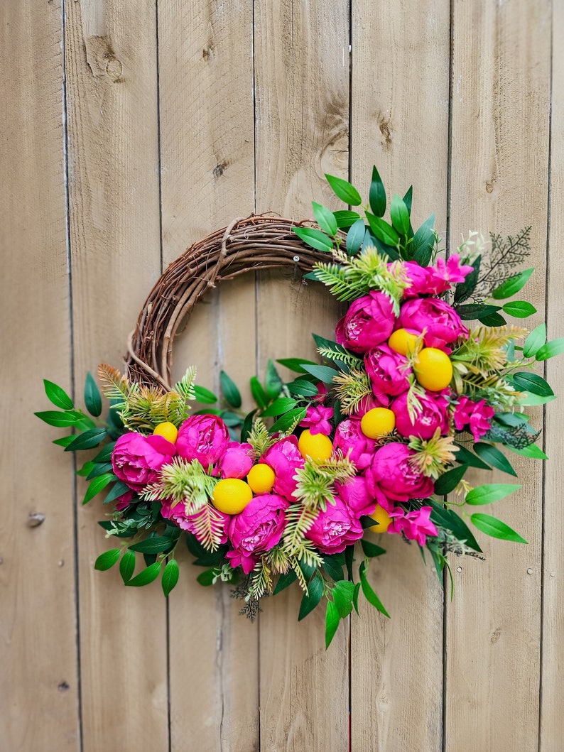 Hot Pink Peony Wreath for Summer, Lemon Wreath, Tropical Wreath image 1