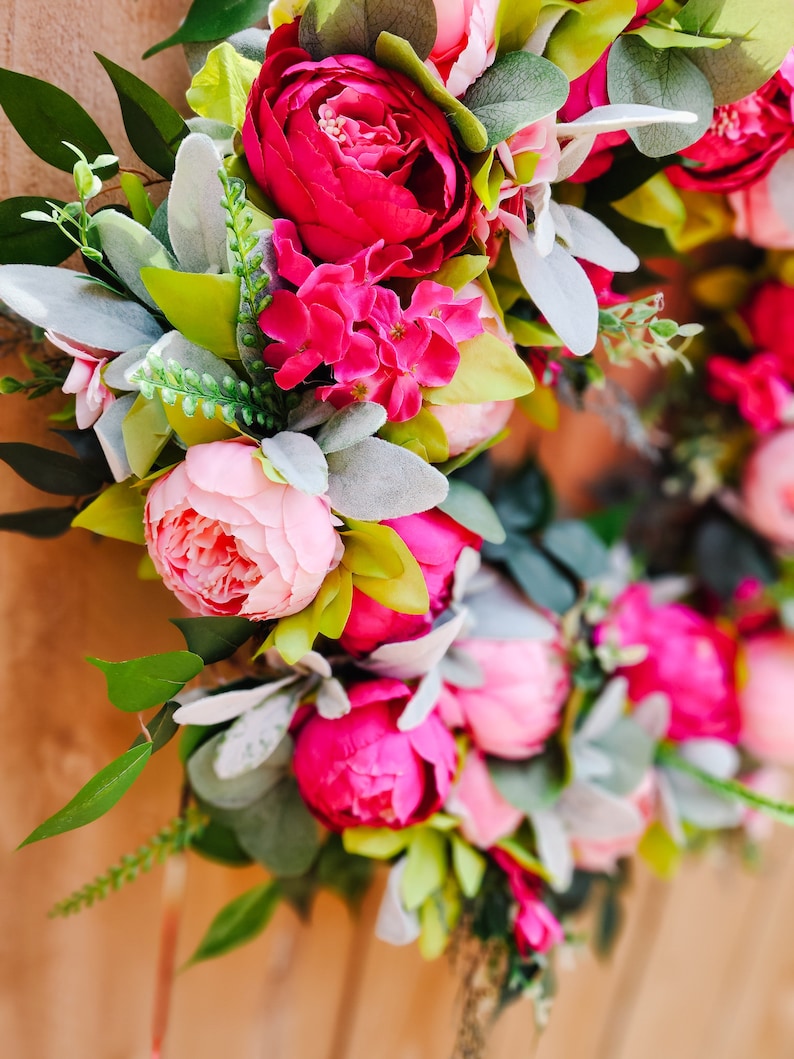 Summer Peony Wreath, Pink Wreath for Front Door, Lambs Ear Wreath image 4