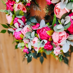 Summer Peony Wreath, Pink Wreath for Front Door, Lambs Ear Wreath image 3