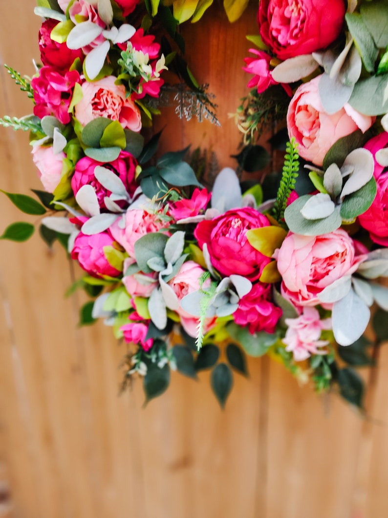 Summer Peony Wreath, Pink Wreath for Front Door, Lambs Ear Wreath image 3