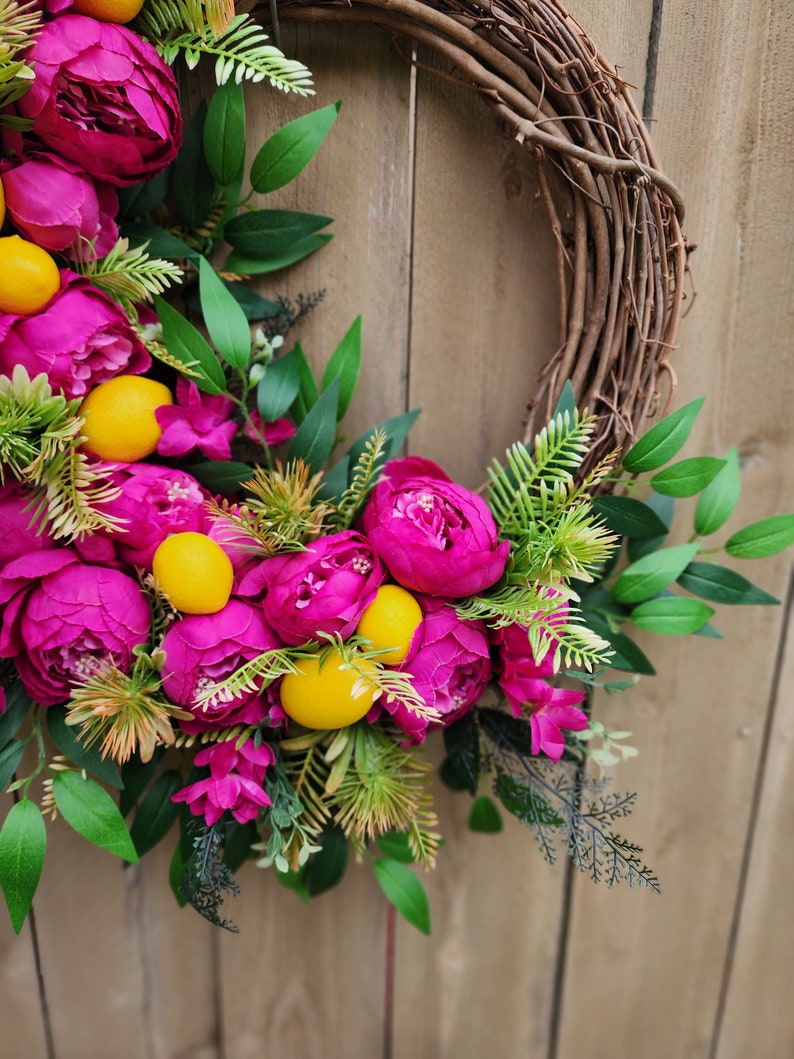 Hot Pink Peony Wreath for Summer, Lemon Wreath, Tropical Wreath image 9