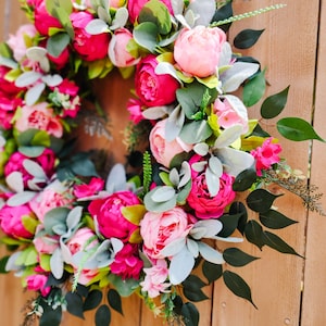 Summer Peony Wreath, Pink Wreath for Front Door, Lambs Ear Wreath image 5