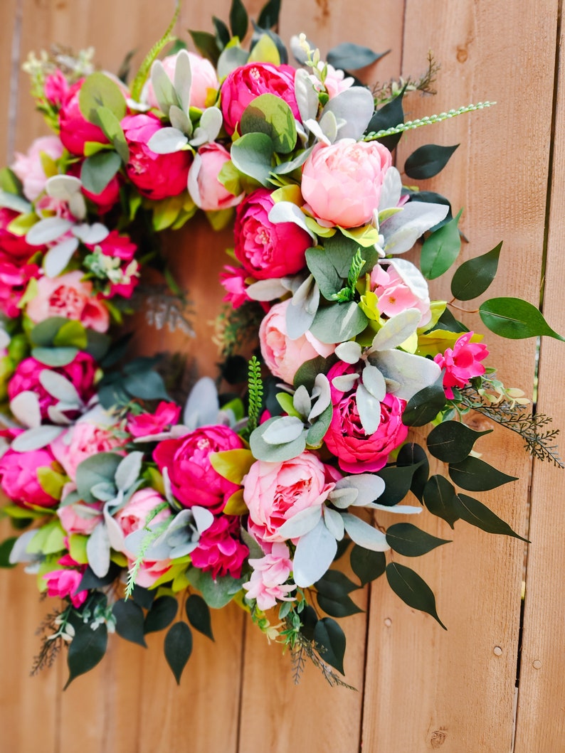 Summer Peony Wreath, Pink Wreath for Front Door, Lambs Ear Wreath image 5