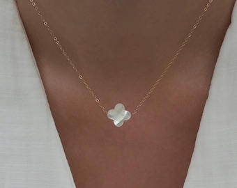 Gold Clover Necklace With A Mother Of Pearl Lucky Clover, MOP Clover Necklace, 14K Gold Filled Or Sterling Silver Chain, 15", 16" 17", 18"