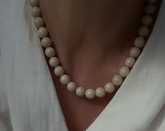 River Stone Bead Necklace, Cream Bead Necklace, 10mm Beaded Necklace, 16" Beige Bead Necklace, Short Beaded Necklace, Chunky Bead Necklace