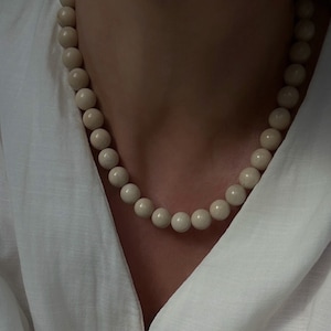 River Stone Bead Necklace, Cream Bead Necklace, 10mm Beaded Necklace, 16" Beige Bead Necklace, Short Beaded Necklace, Chunky Bead Necklace