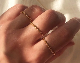 18K Gold Plated Sterling Silver Stacking Ring, Twisted Rope Thin Gold Ring, Dainty Gold Vermeil Ring, Gold Thin Ladies Ring Size L N P R