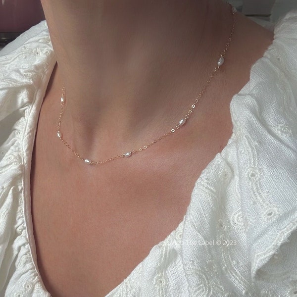 Dainty Little Freshwater Pearl Station Necklace, Satellite Pearl Necklace, Featuring Tiny Pearls, Choose From 15" or 16", Gold or Silver